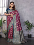 Vibrant magenta Banarasi woven soft silk saree including matching blouse