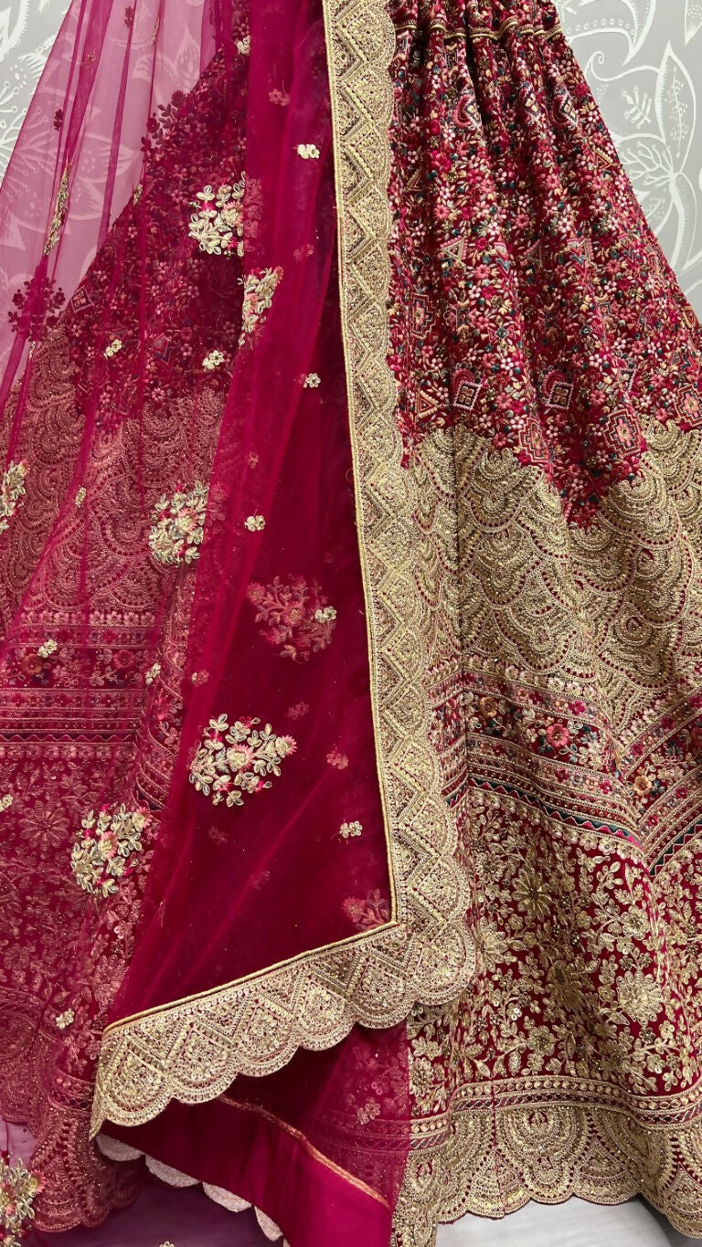 Rani Pink Velvet Wedding Lehenga Choli with Diamond Work