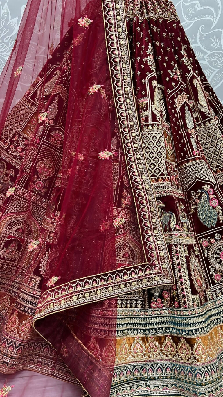 Maroon Velvet Lehenga Choli with Dori, Sequins & Diamond Work