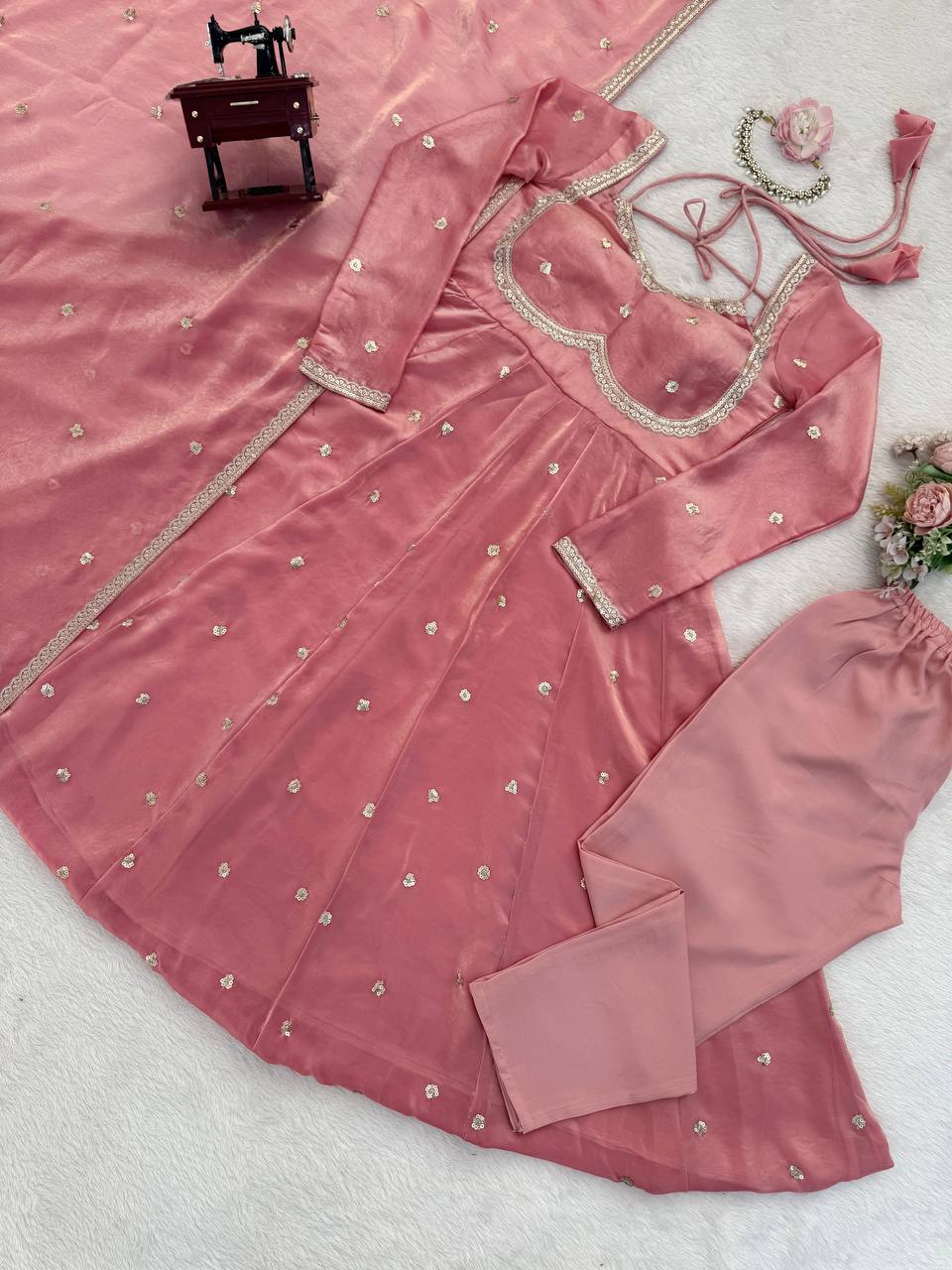 Prazu Fashion Dusty Rose Pink Fendy Silk Thread Sequence Anarkali Suit