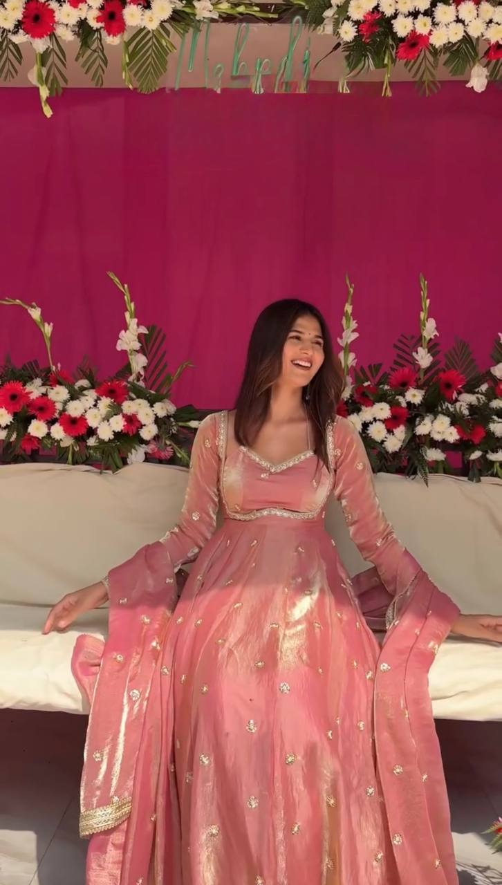 Prazu Fashion Dusty Rose Pink Fendy Silk Thread Sequence Anarkali Suit