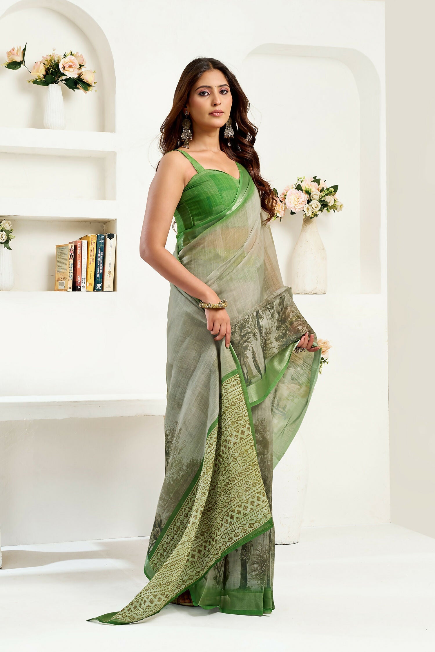 Green Floral & Ethnic Print Linen Ready To Wear Saree with Blouse