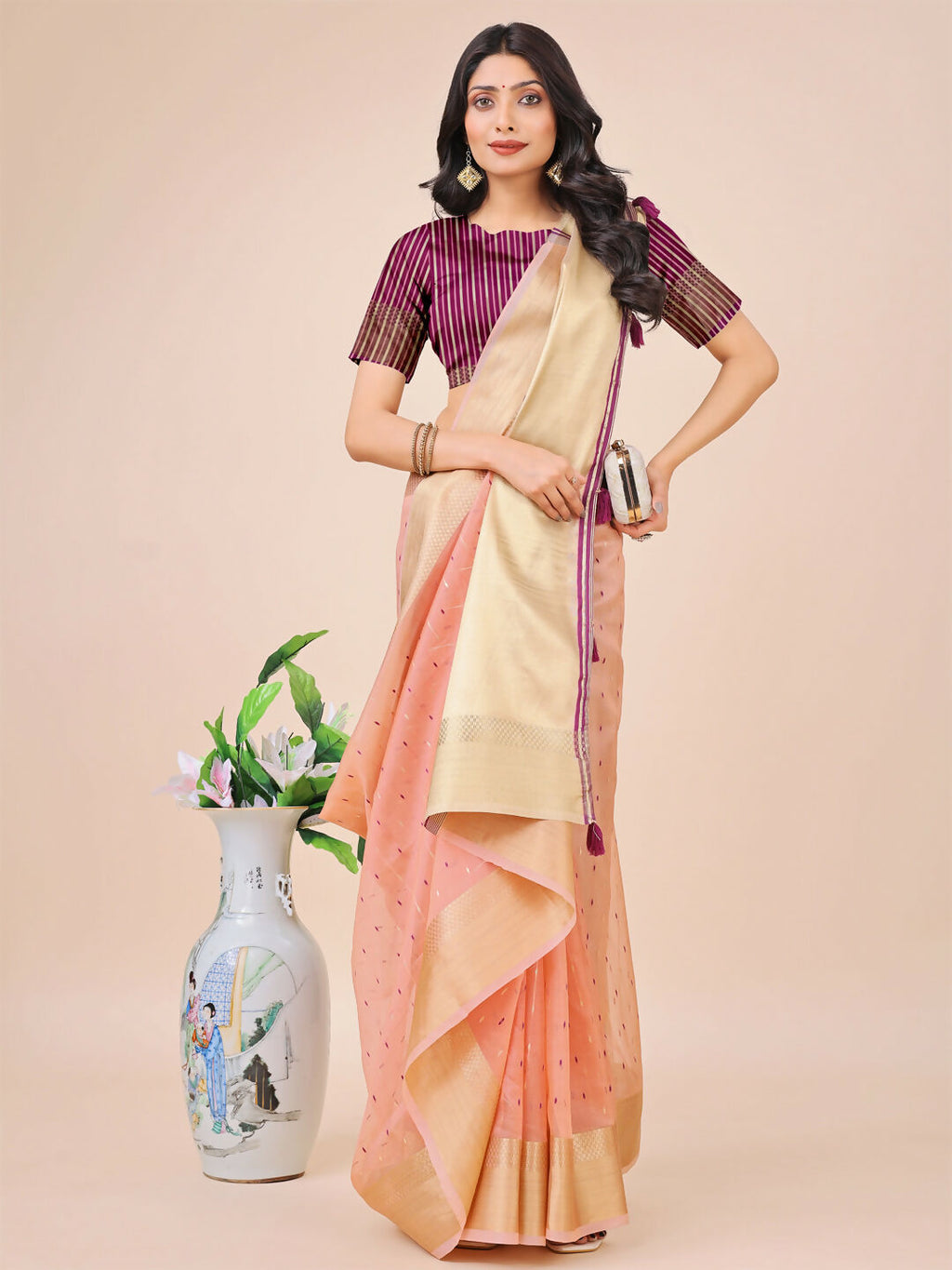 Light Pink Organza Saree with Matching Blouse Fabric