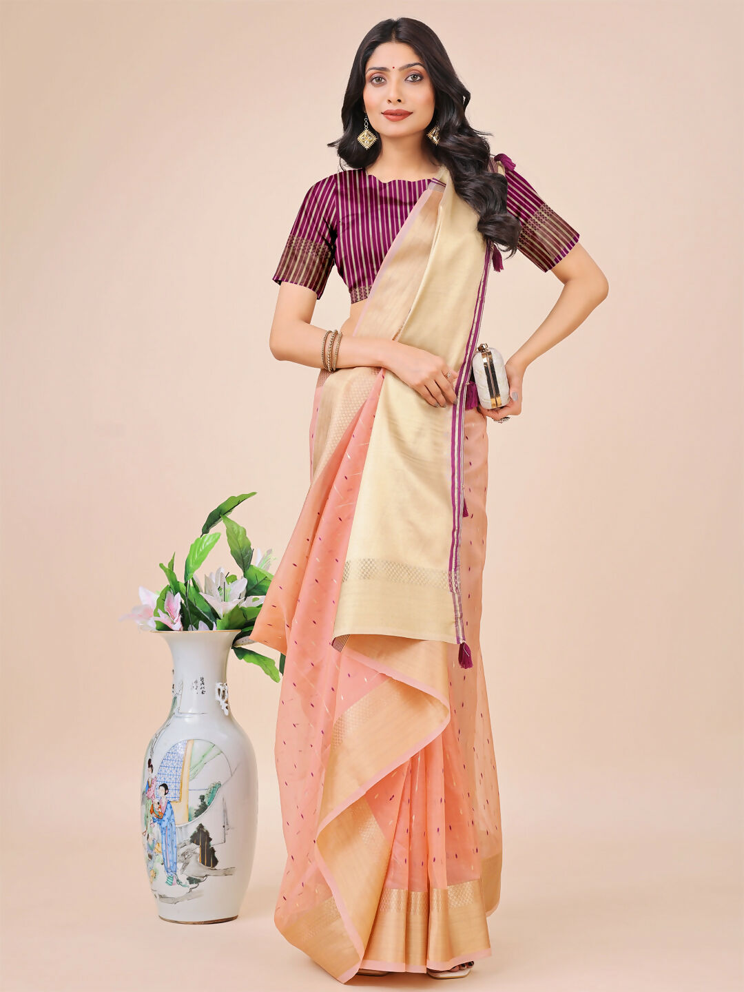 Light Pink Organza Saree with Matching Blouse Fabric