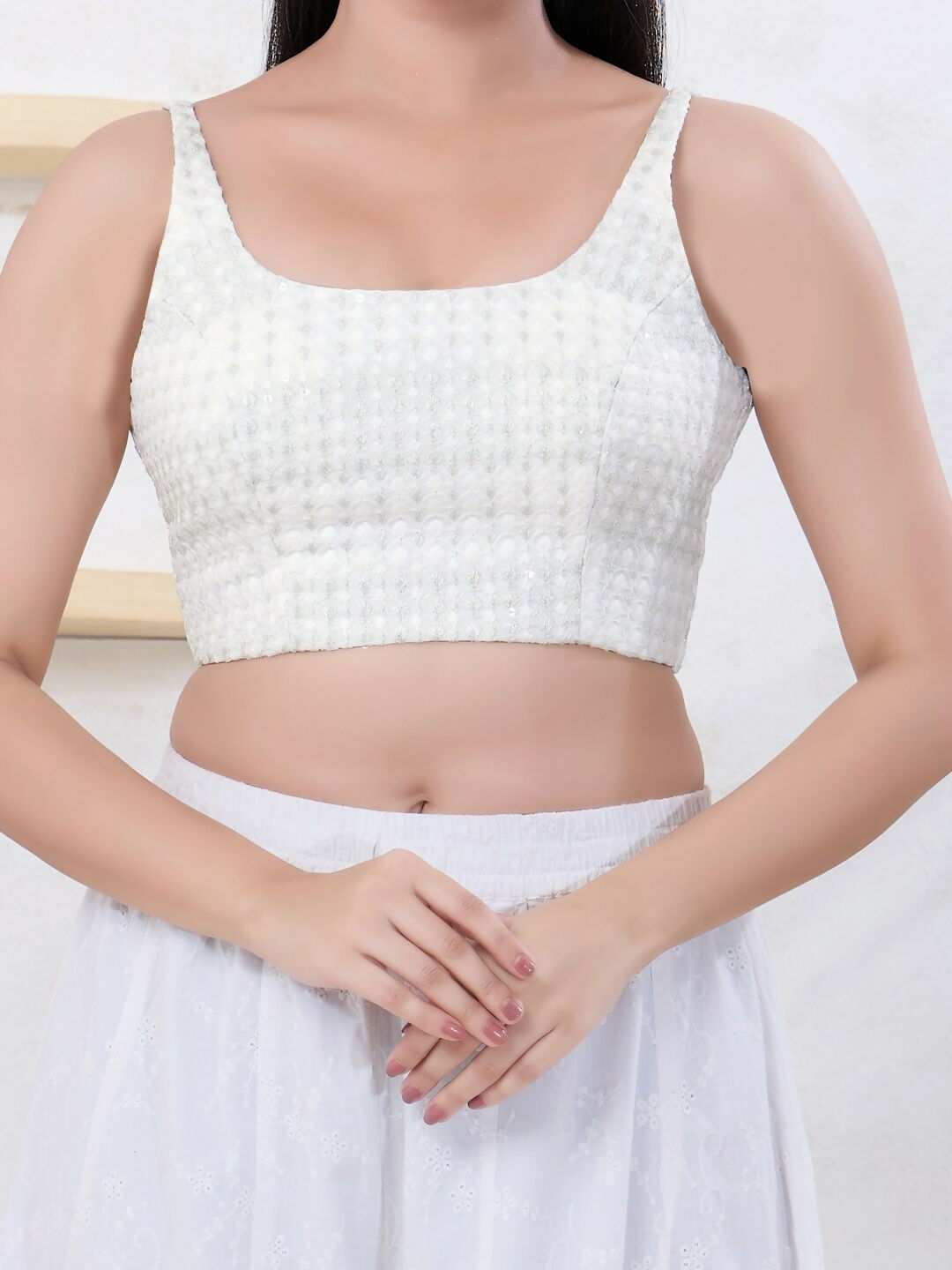 Silver Shifli Sleeveless Square Neck Back Open Blouse