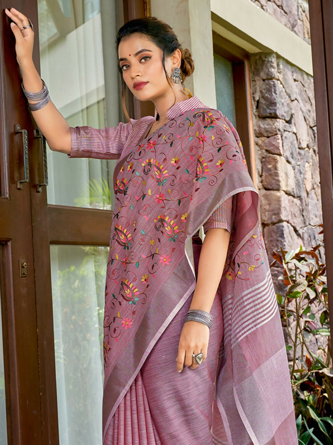 Purple Linen Saree with Matching Blouse Piece