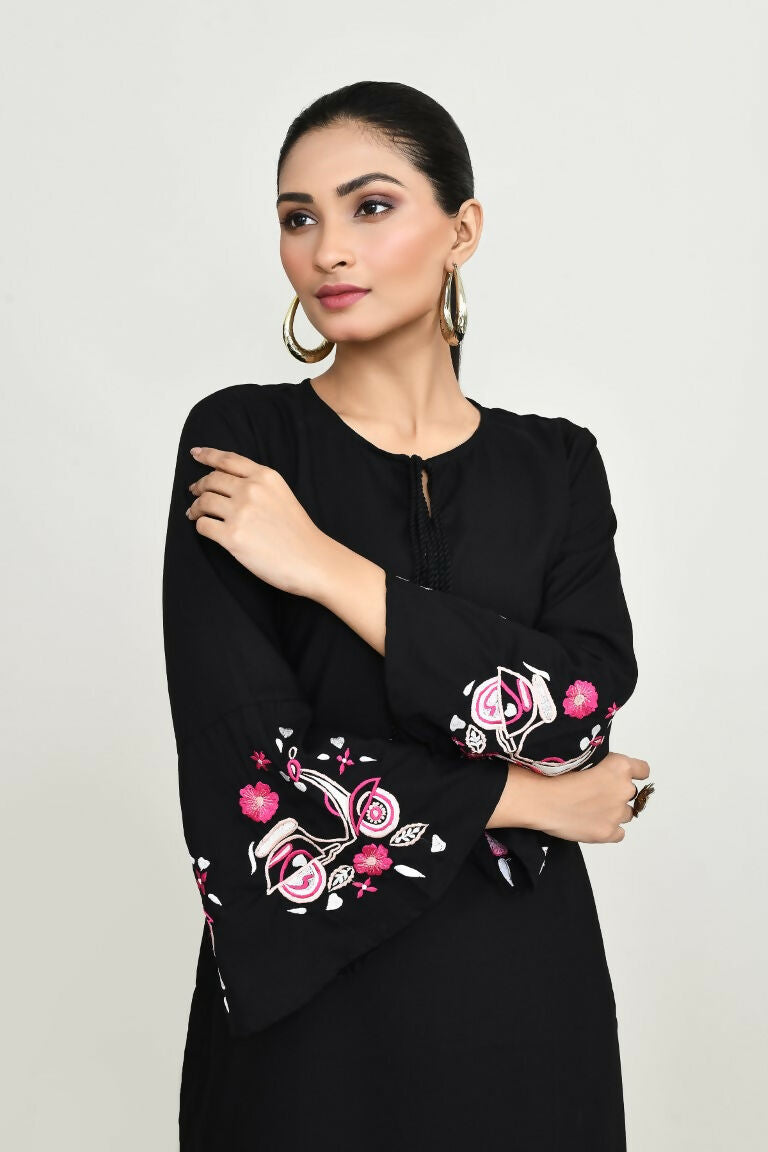 Women's Black Rayon Kurta Set with Matching Trousers