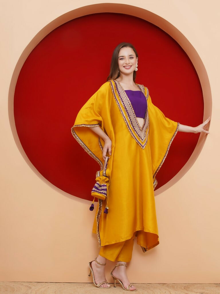 Yellow Kaftaan Set with Inner and Potli Bag - Bohemian Party Wear