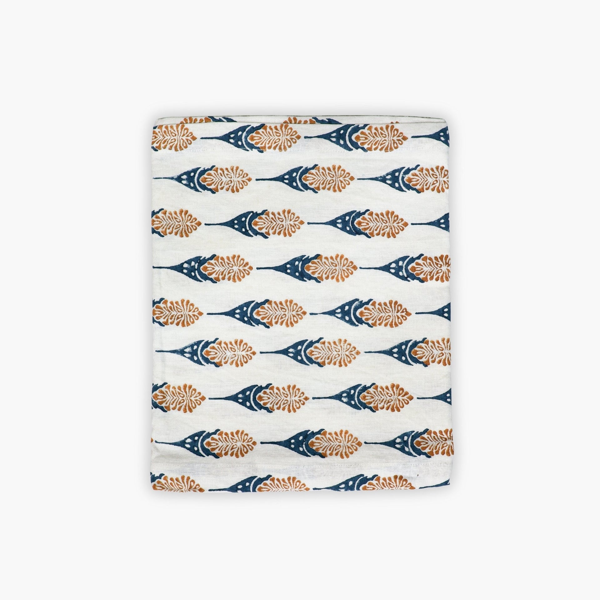 Bahaar hand-block printed table runner with ginger and blue floral larkspur motifs