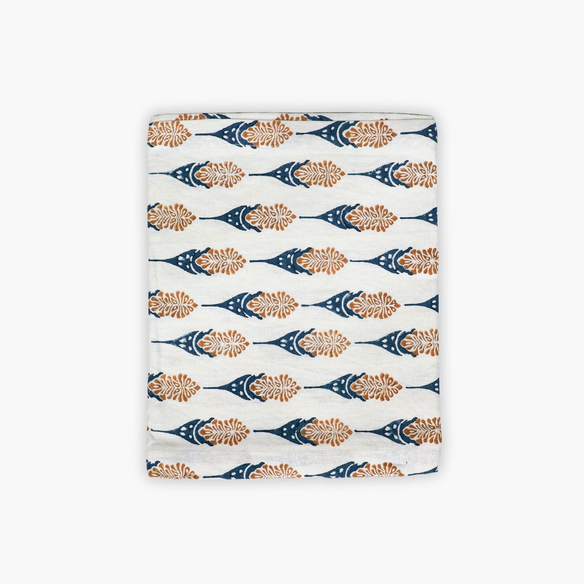 Bahaar hand-block printed table runner with ginger and blue floral larkspur motifs