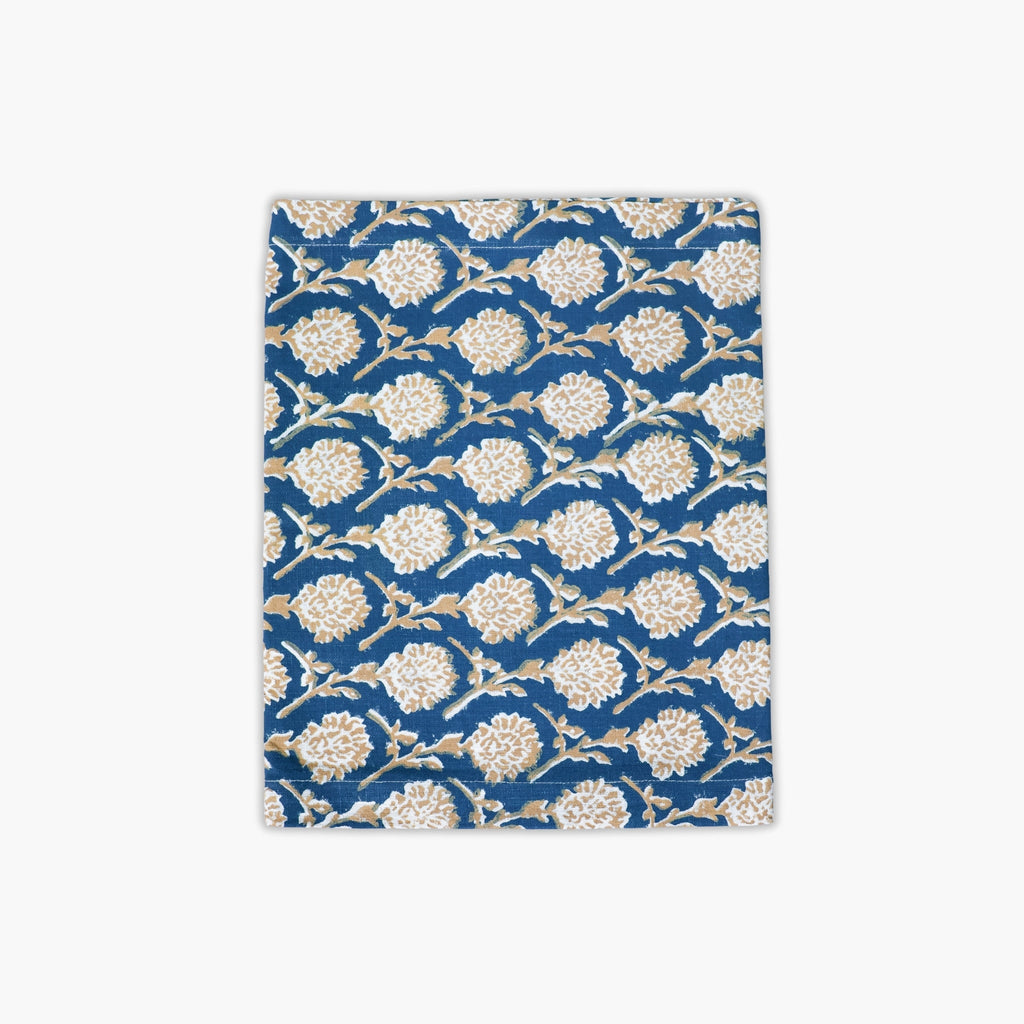 Nikhar linen table runner in ink blue with sand brown Mughal floral hand-block prints