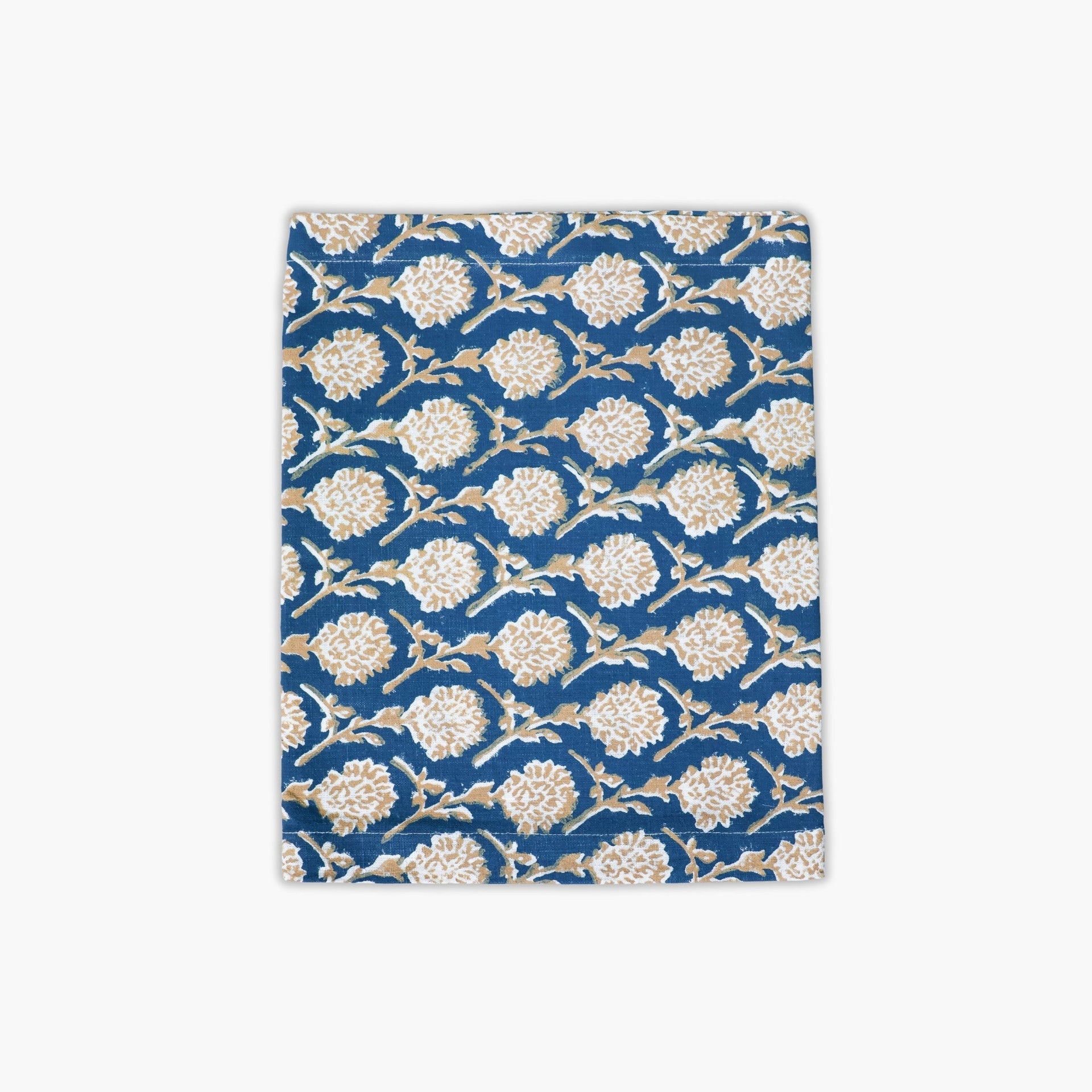 Nikhar linen table runner in ink blue with sand brown Mughal floral hand-block prints