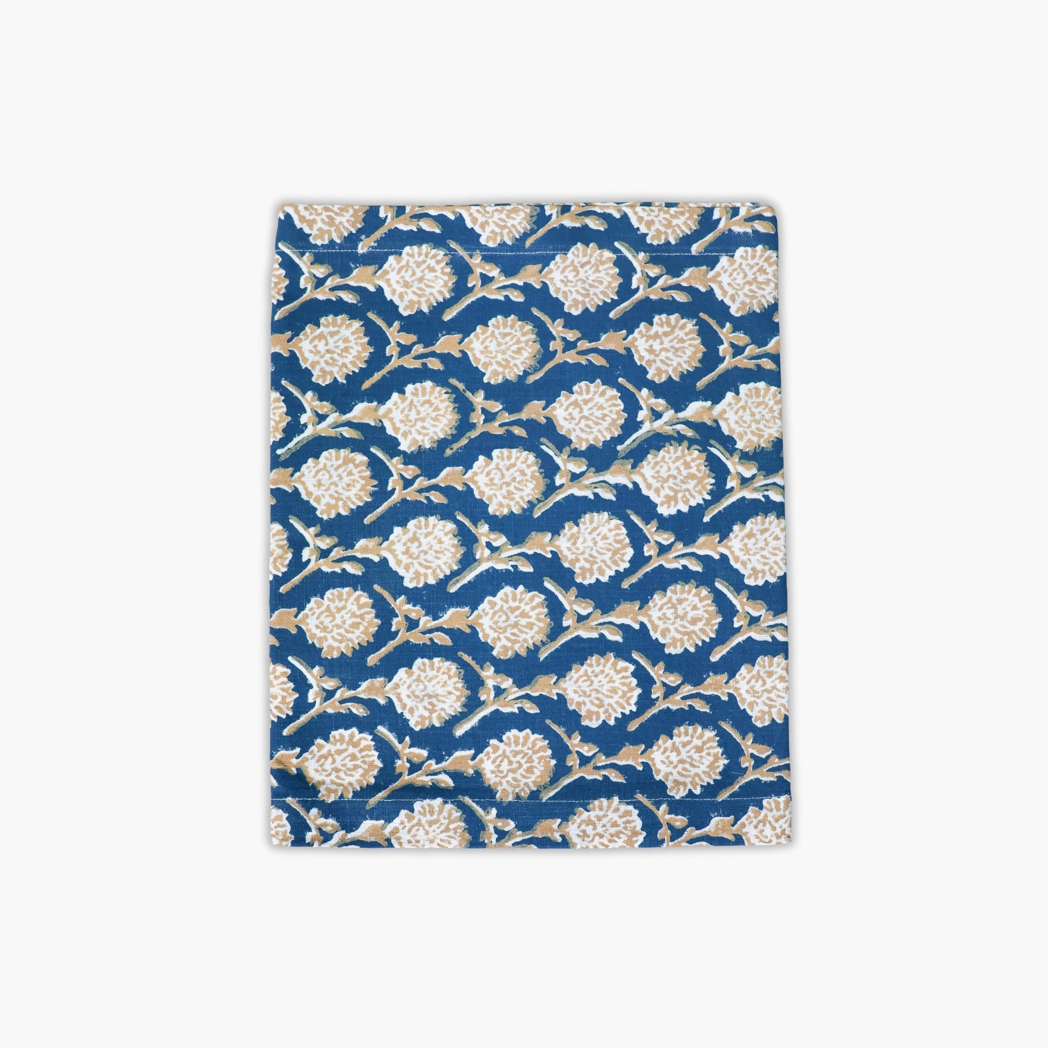 Nikhar linen table runner in ink blue with sand brown Mughal floral hand-block prints