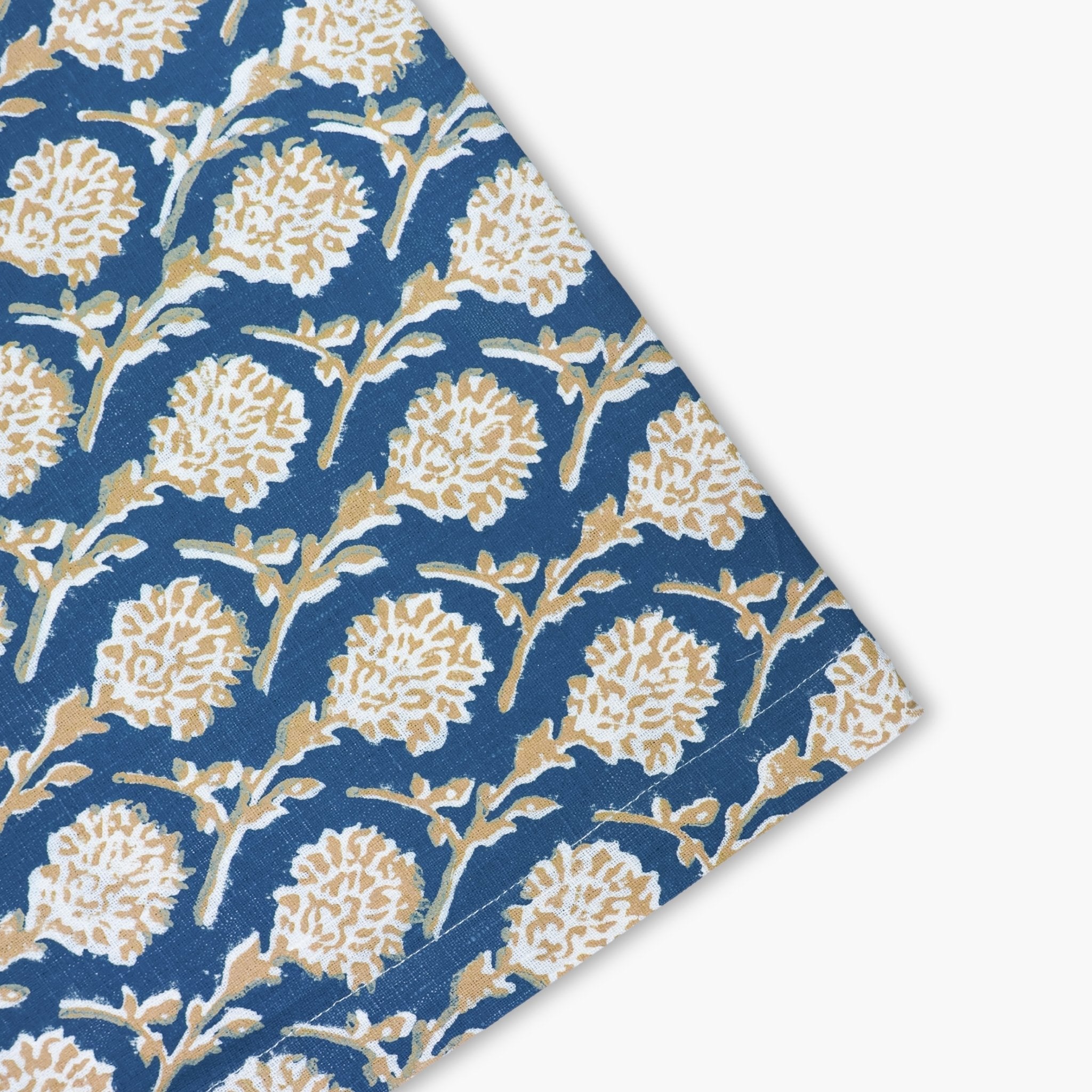 Nikhar Linen Table Runner in Ink Blue with Mughal Floral Print