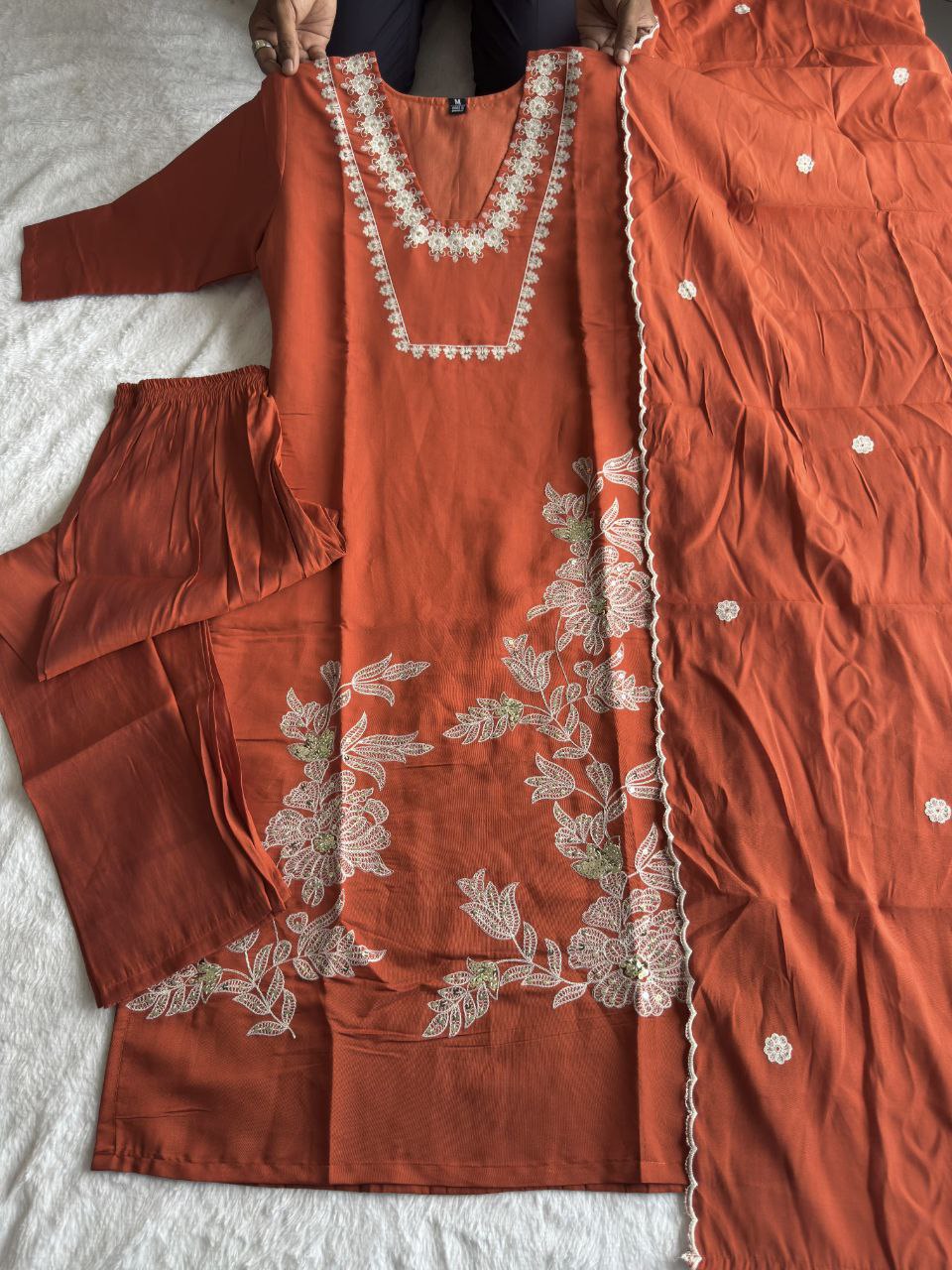 Rust Roman Silk Kurta Pant Set with Embroidery and Sequence