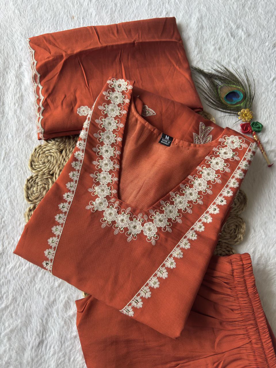 Rust Roman Silk Kurta Pant Set with Embroidery and Sequence