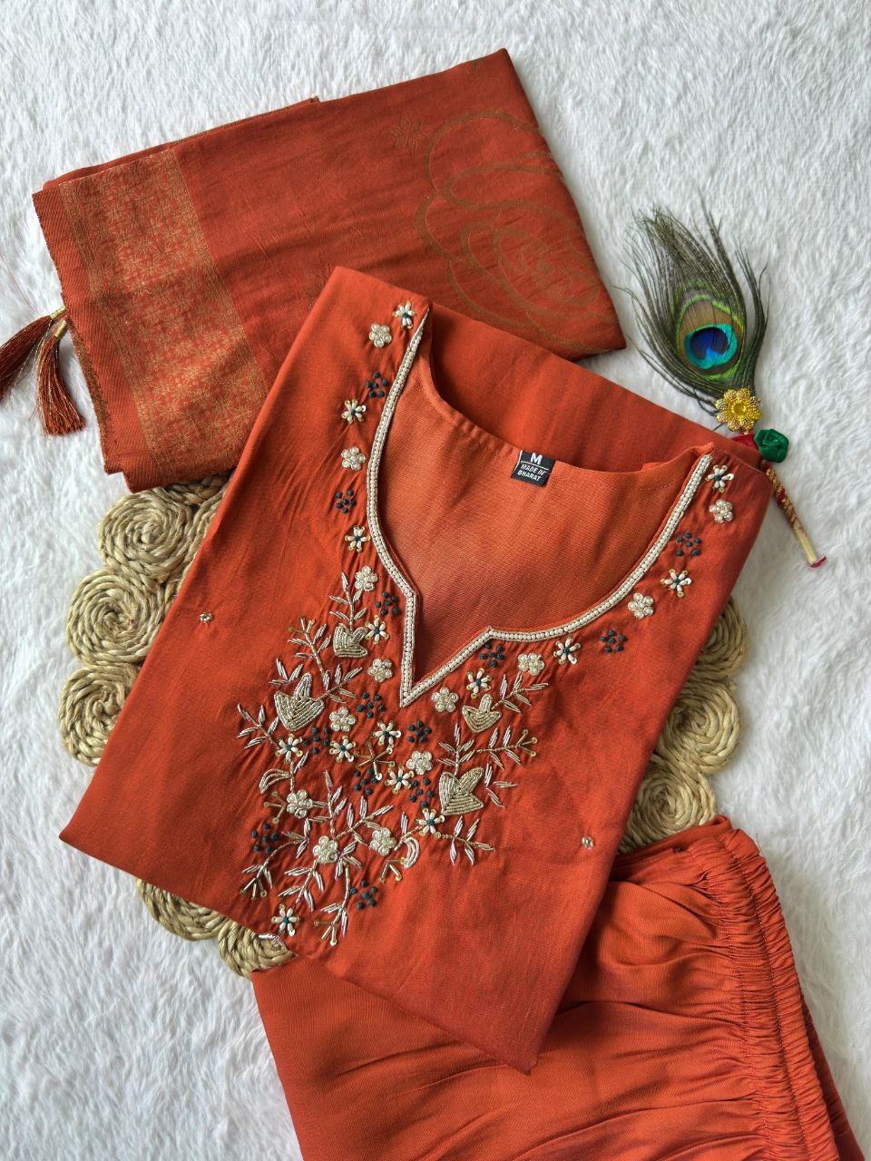 Lorenvalley Fashion Rust Roman Silk Hand Work Kurta Pant with Dupatta