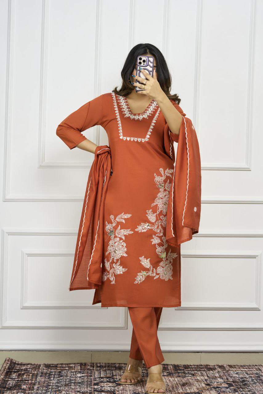 Rust Roman Silk kurta set with detailed multi-embroidery and shimmering sequence work