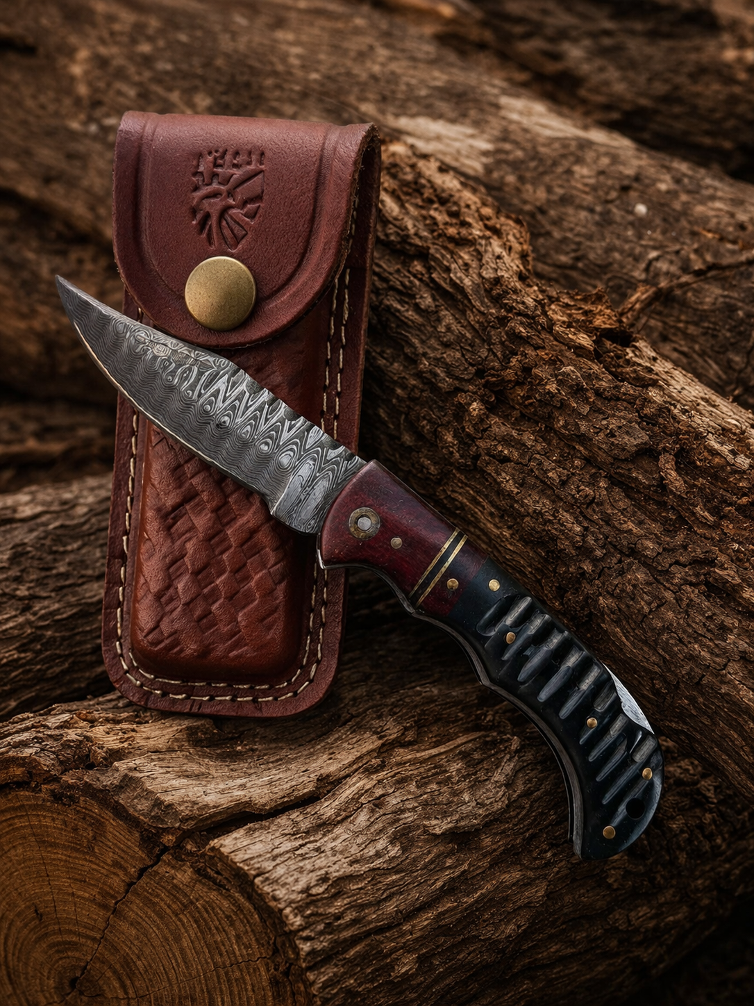 Titan Ironclaw Damascus Folding Knife with Hardwood Handle