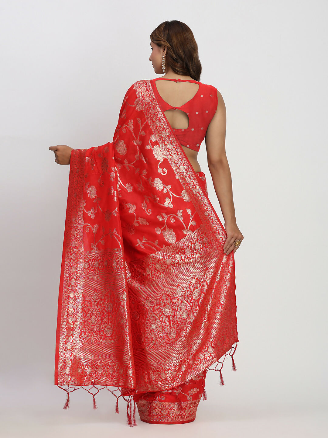 Red Banarasi Silk Saree with Matching Blouse Fabric