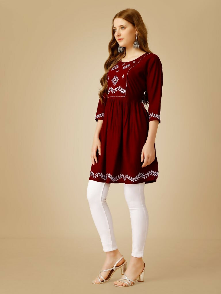 Maroon Embroidered Casual Top with Sequence Work in Rayon