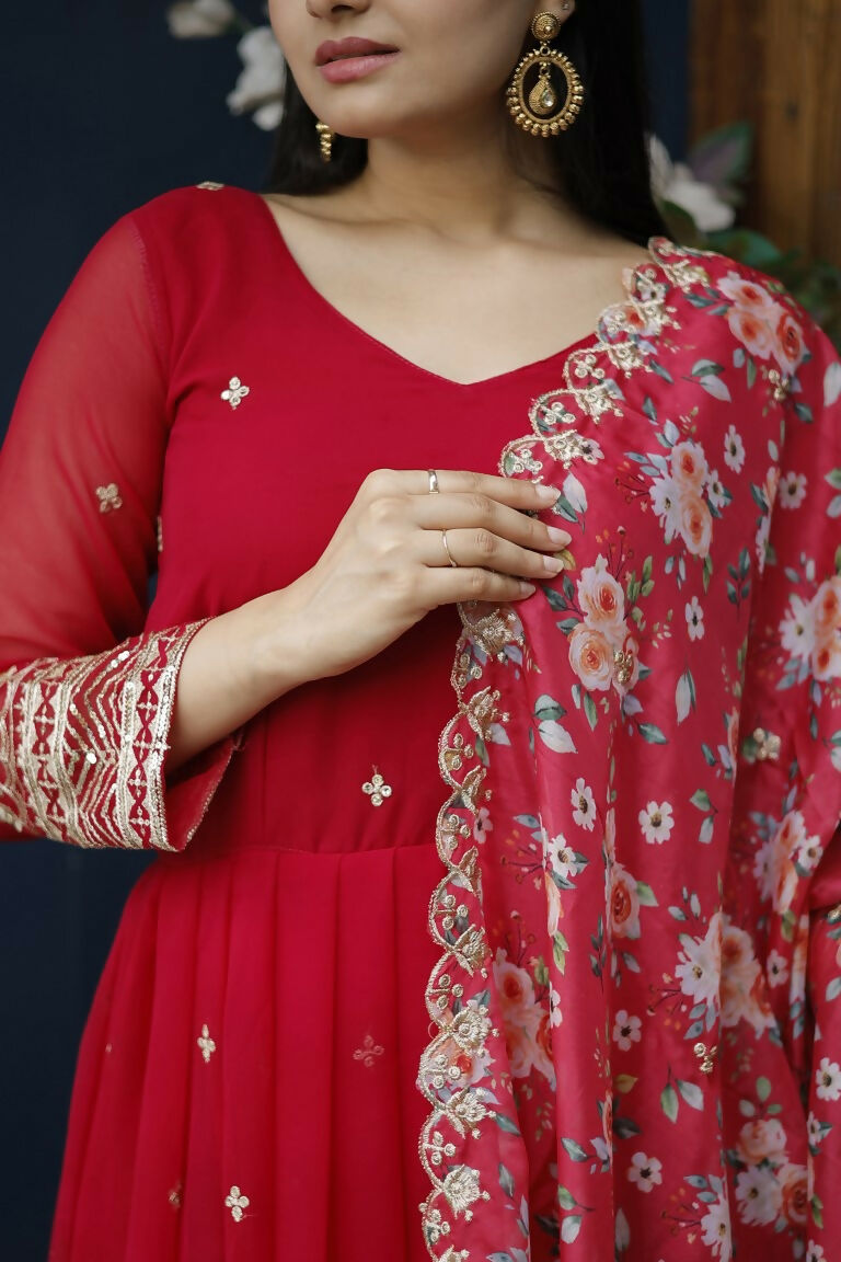 Red Faux Blooming Anarkali Dress with Zari & Sequins Embroidery