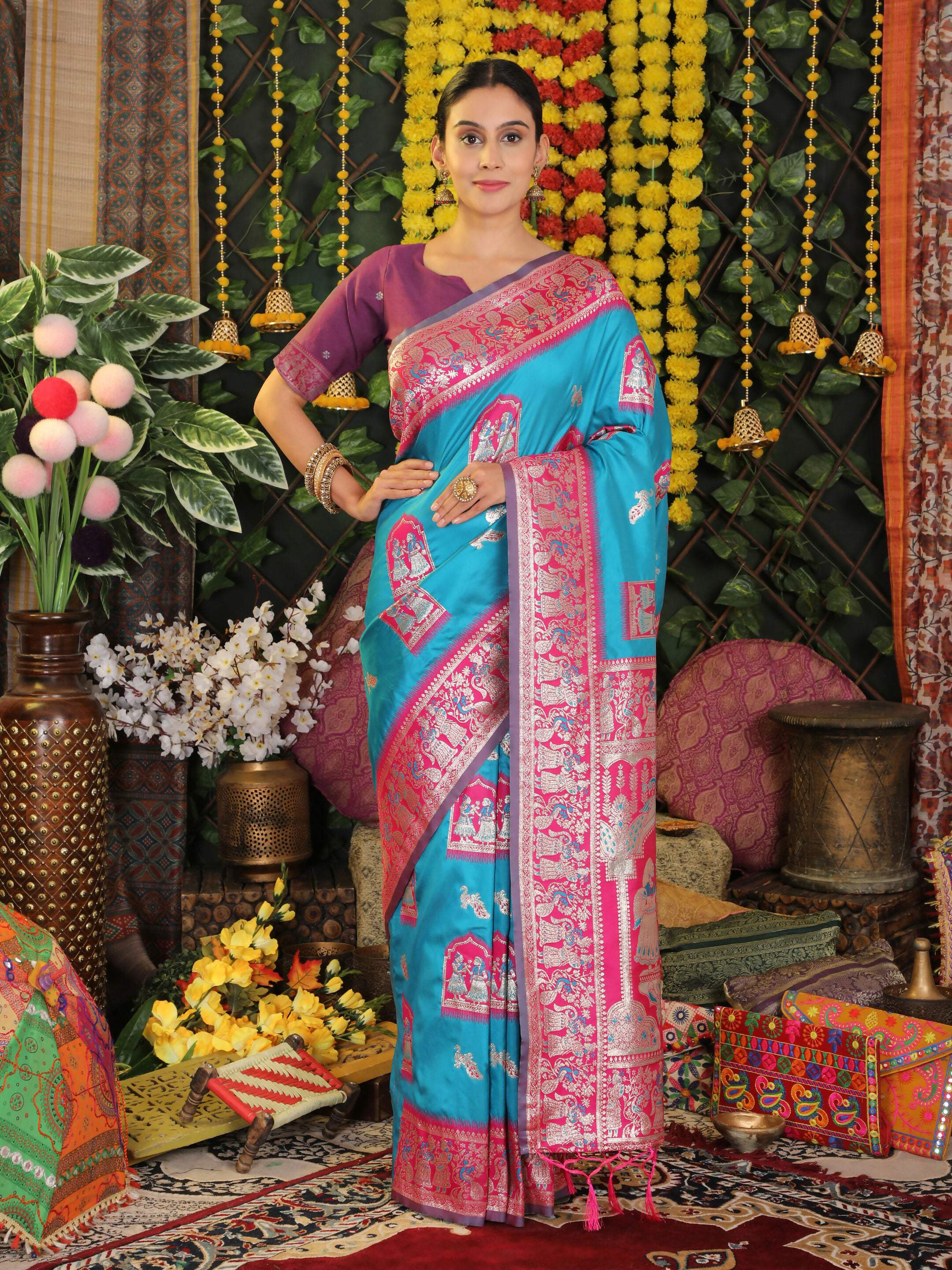 Sky Blue Silk Saree with Purple Blouse Piece