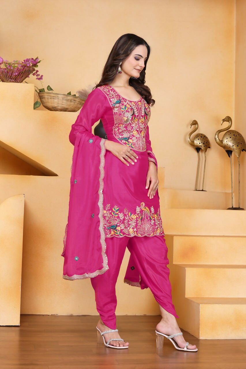 Pink Silk Embroidered Kurti with Dhoti Pant Set for Women