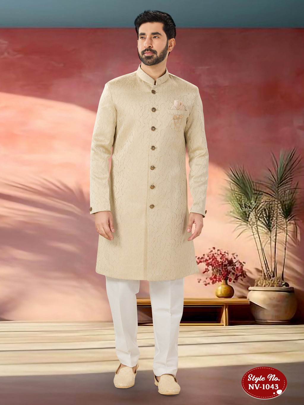 Men's beige Swed velvet Indo-Western kurta with subtle self-design texture.