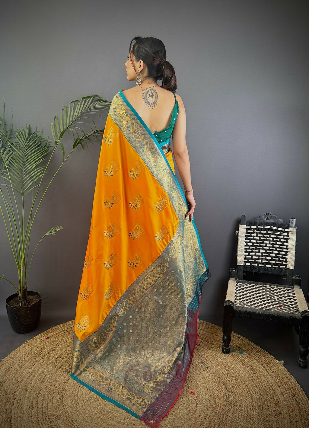 Grey Peacock Banarasi Silk Saree with Unstitched Blouse