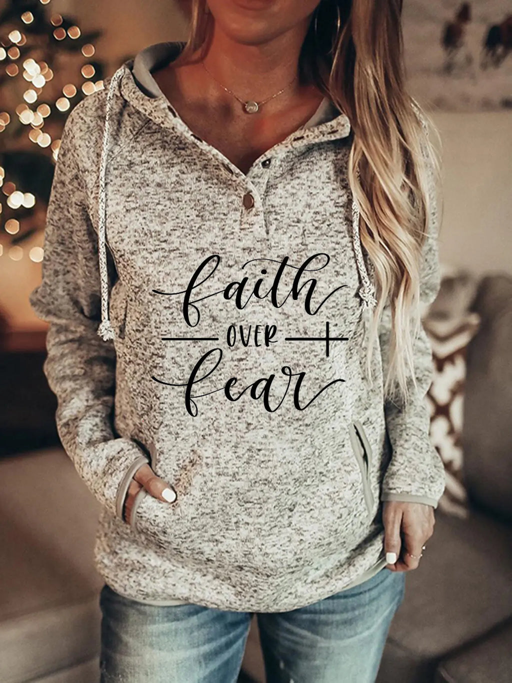 Women's Faith Over Fear Grey Speckled Snap-Up Hoodie Sweatshirt - Image 6