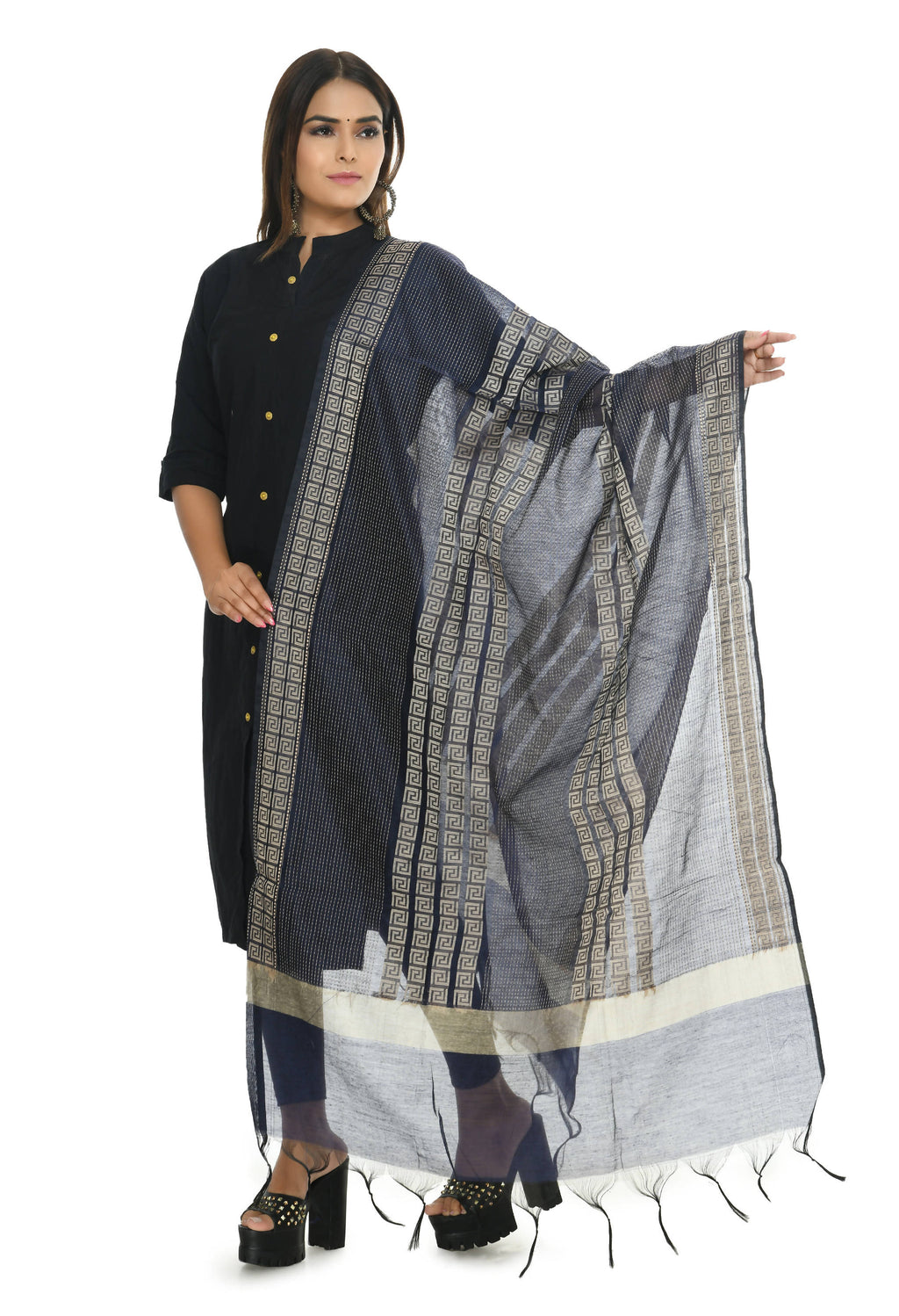 Navy Blue Handloom Cotton Dupatta - Traditional Ethnic Stole
