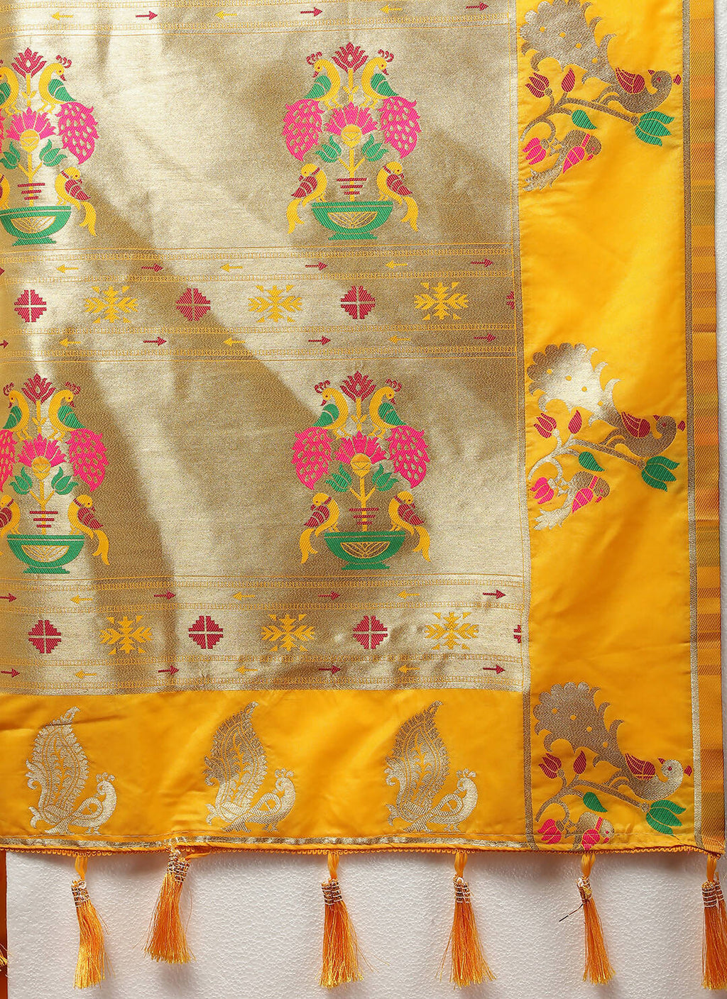Gold Soft Paithani Silk Saree with Gold Zari Meenakari Weaving