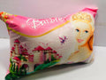 Decorative Barbie-themed throw pillow for kids featuring pink, white, and gold abstract patterns on a soft microfibre fabric.