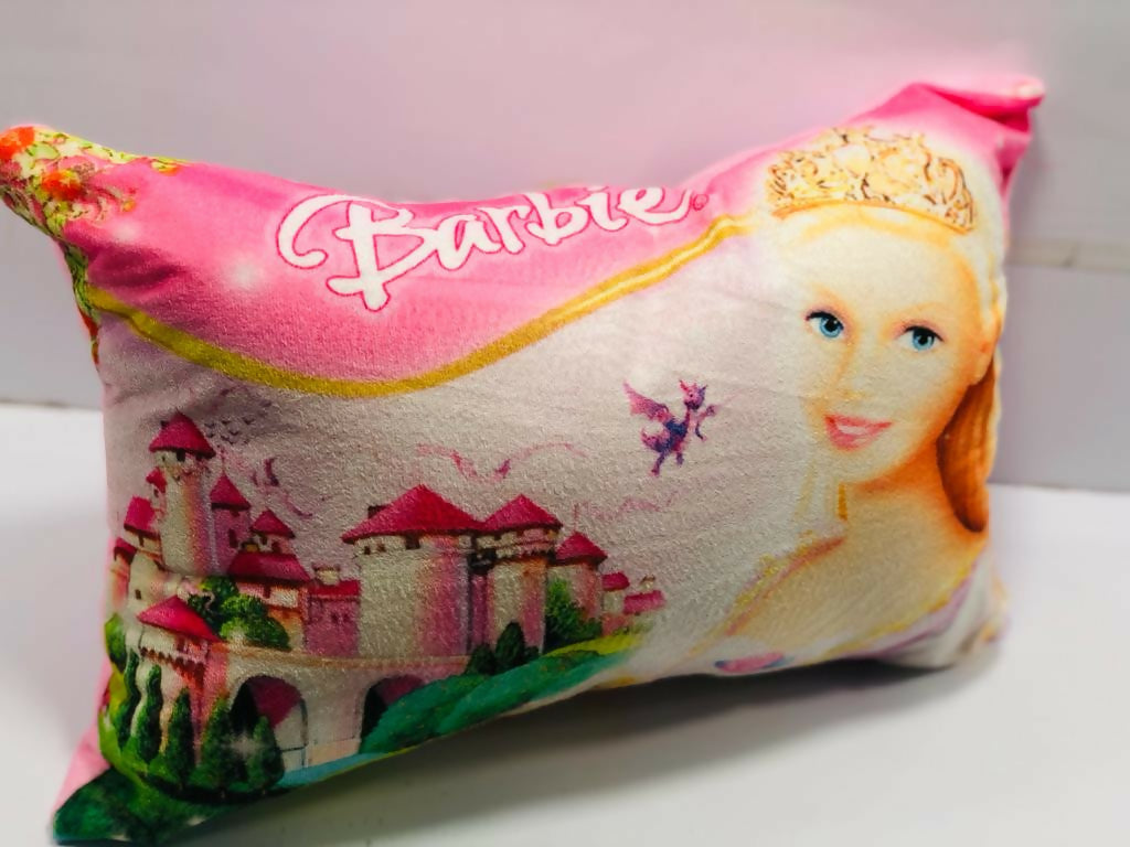 Decorative Barbie-themed throw pillow for kids featuring pink, white, and gold abstract patterns on a soft microfibre fabric.