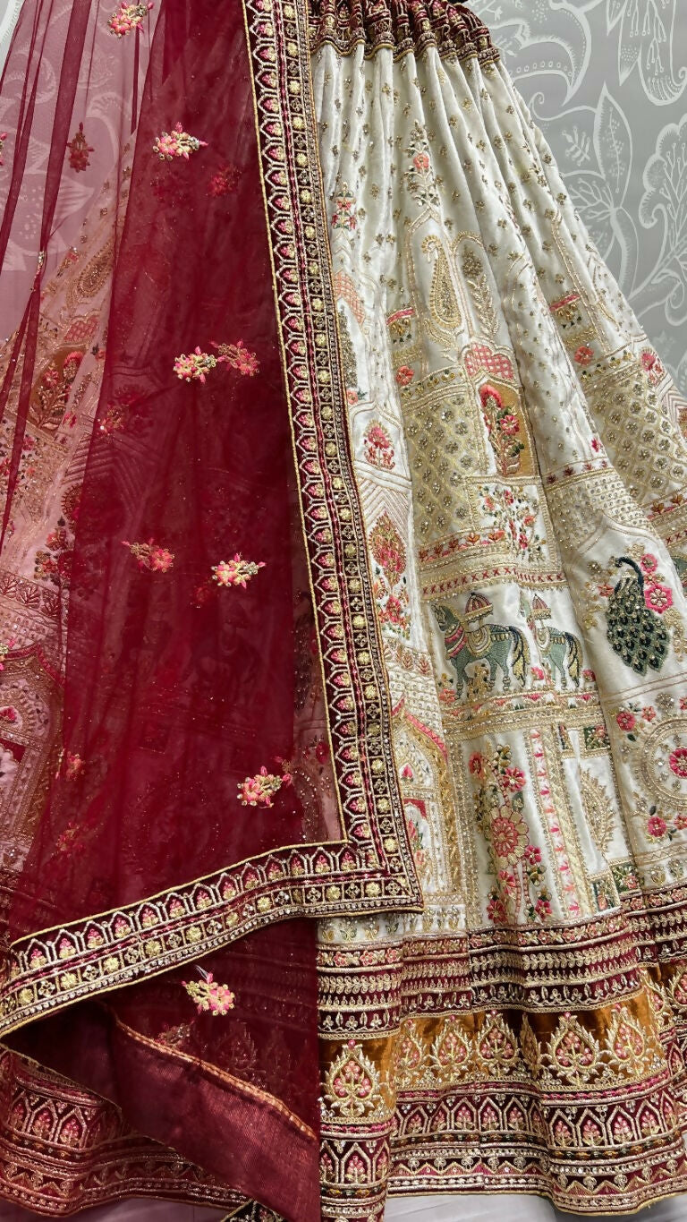 White Velvet Wedding Lehenga Choli with Multi Thread & Diamond Work