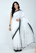 White Bhagalpuri handloom silk saree with a contrast black blouse piece