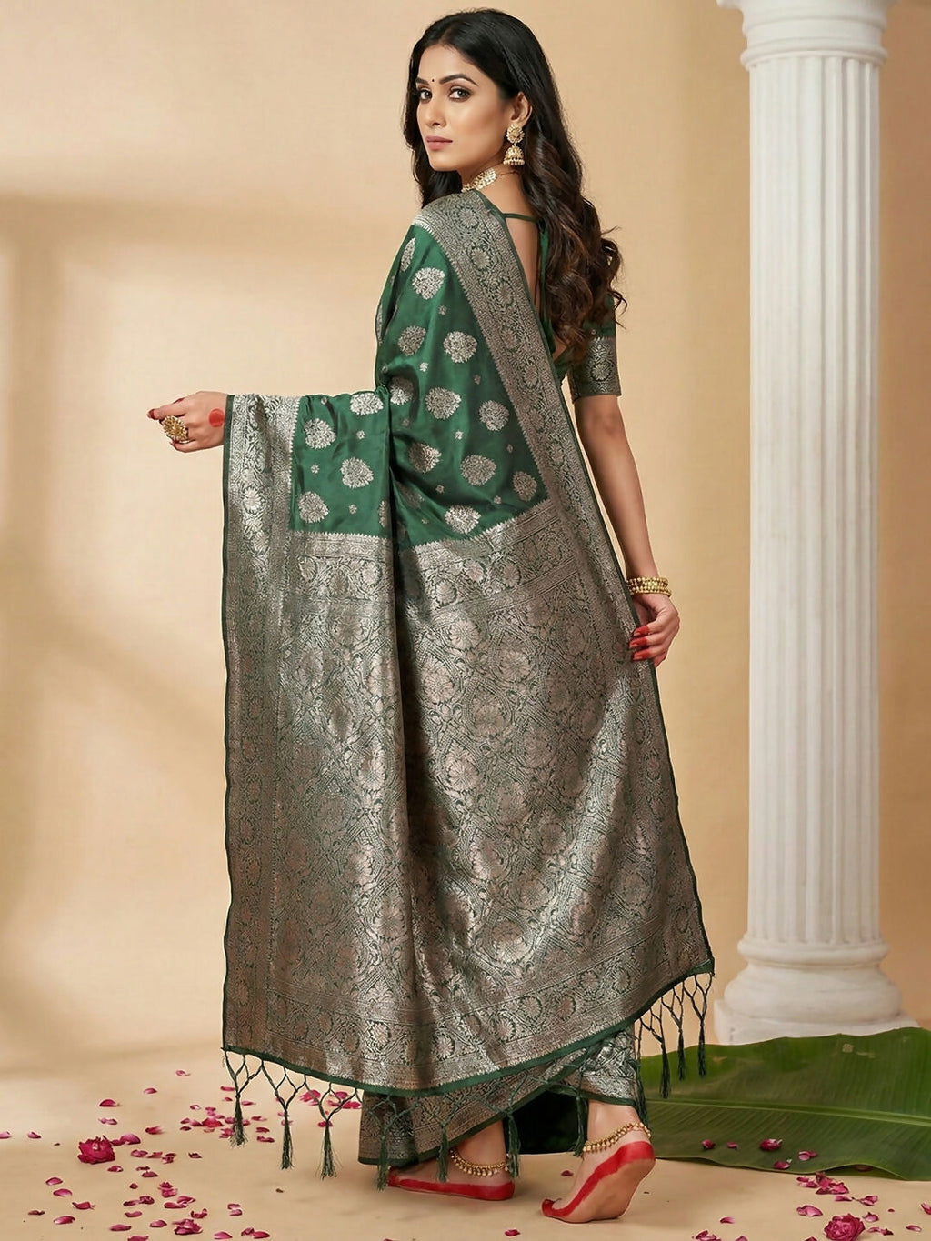 Dark Green Silk Blend Saree with Matching Blouse
