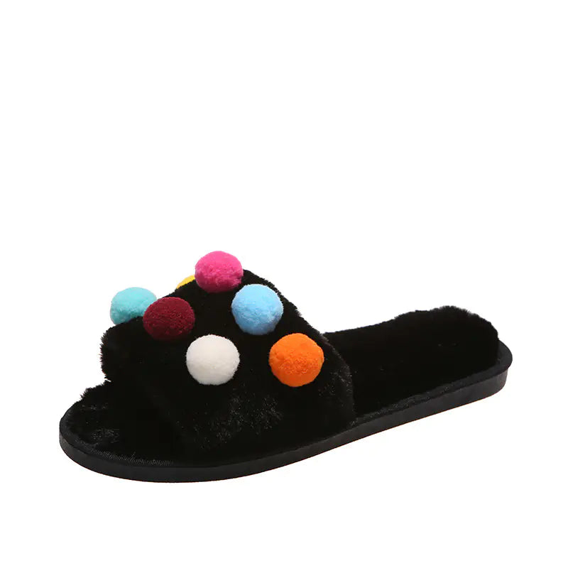 Women's Fluffy Pom Pom Slippers Open Toe House Slides - Image 6
