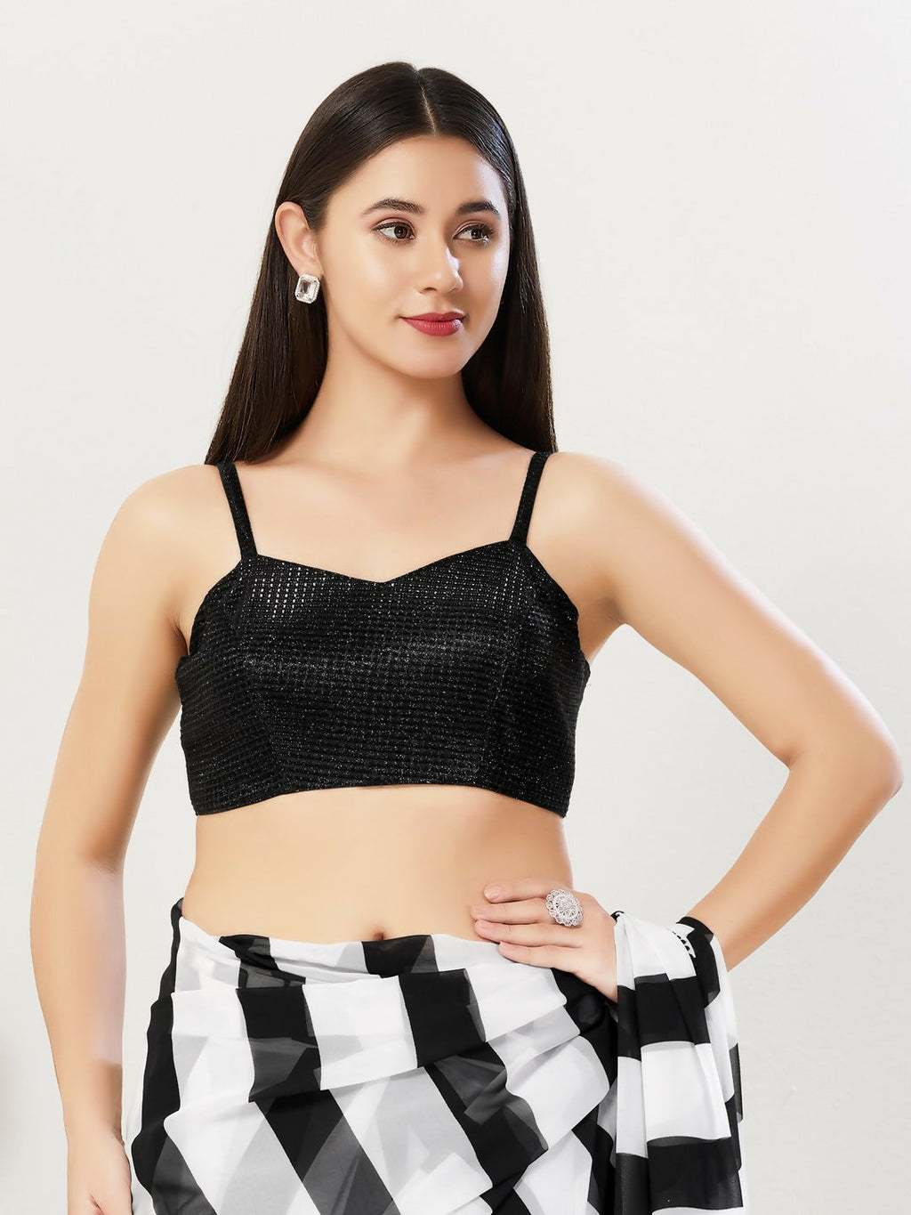 Black polyester stitched blouse with square neck and minimalist design