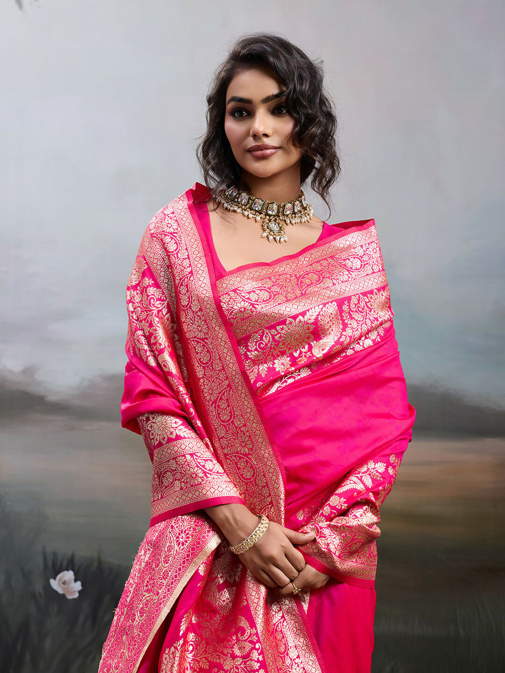 Pink Silk Blend Saree with Matching Blouse Piece