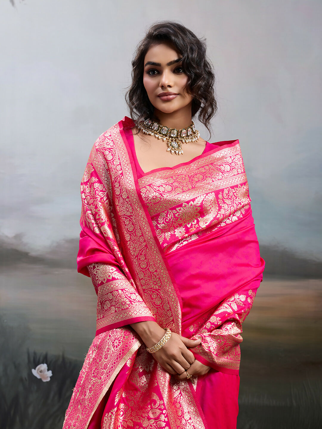 Pink Silk Blend Saree with Matching Blouse Piece