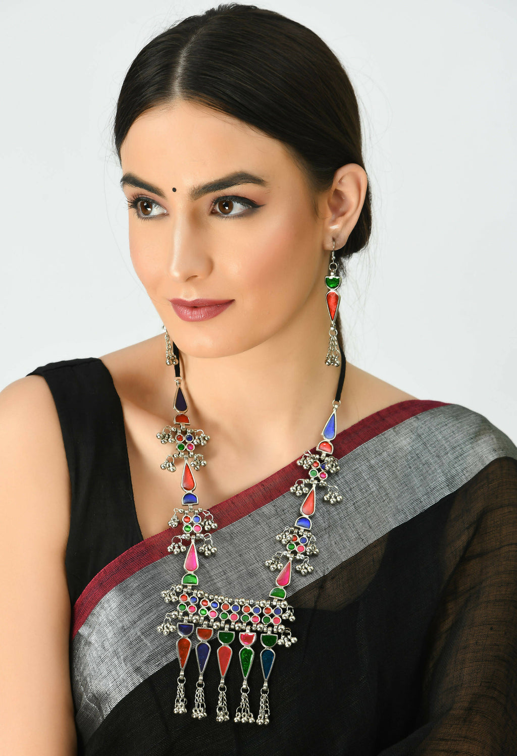 Oxidised Silver-Plated Multi-Color Meenakari Long Necklace