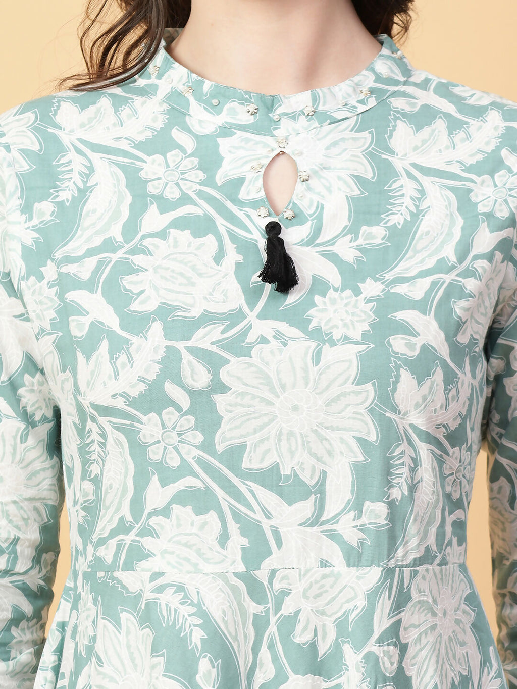 Green Cotton Printed Hand Work Dress