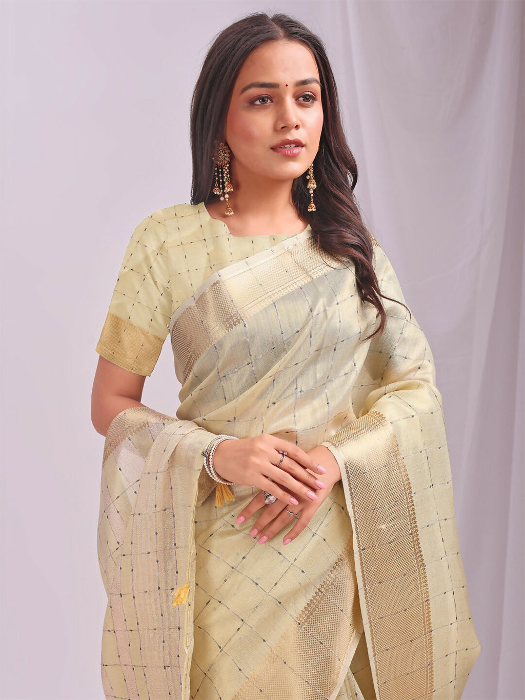 Gold Organza Saree with Yellow Blouse for Festive Occasions