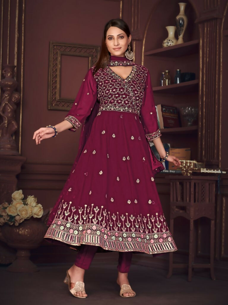 Rani Pink Georgette Embroidered Anarkali Kurta Pant Set
