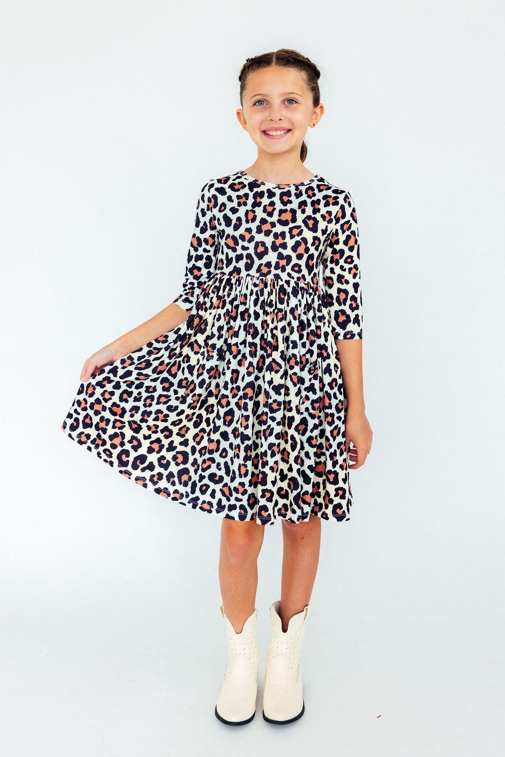 Wild One Leopard Print 3/4 Sleeve Twirl Dress for Toddlers - Image 4