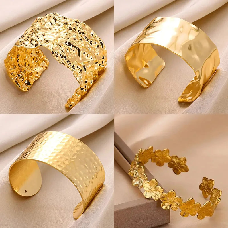 Classic Wrinkle Texture Openning Bangle Bracelet For Women Exquisite Cuff Bracelet Gold Color Stainless Steel Hand Ornament Gift