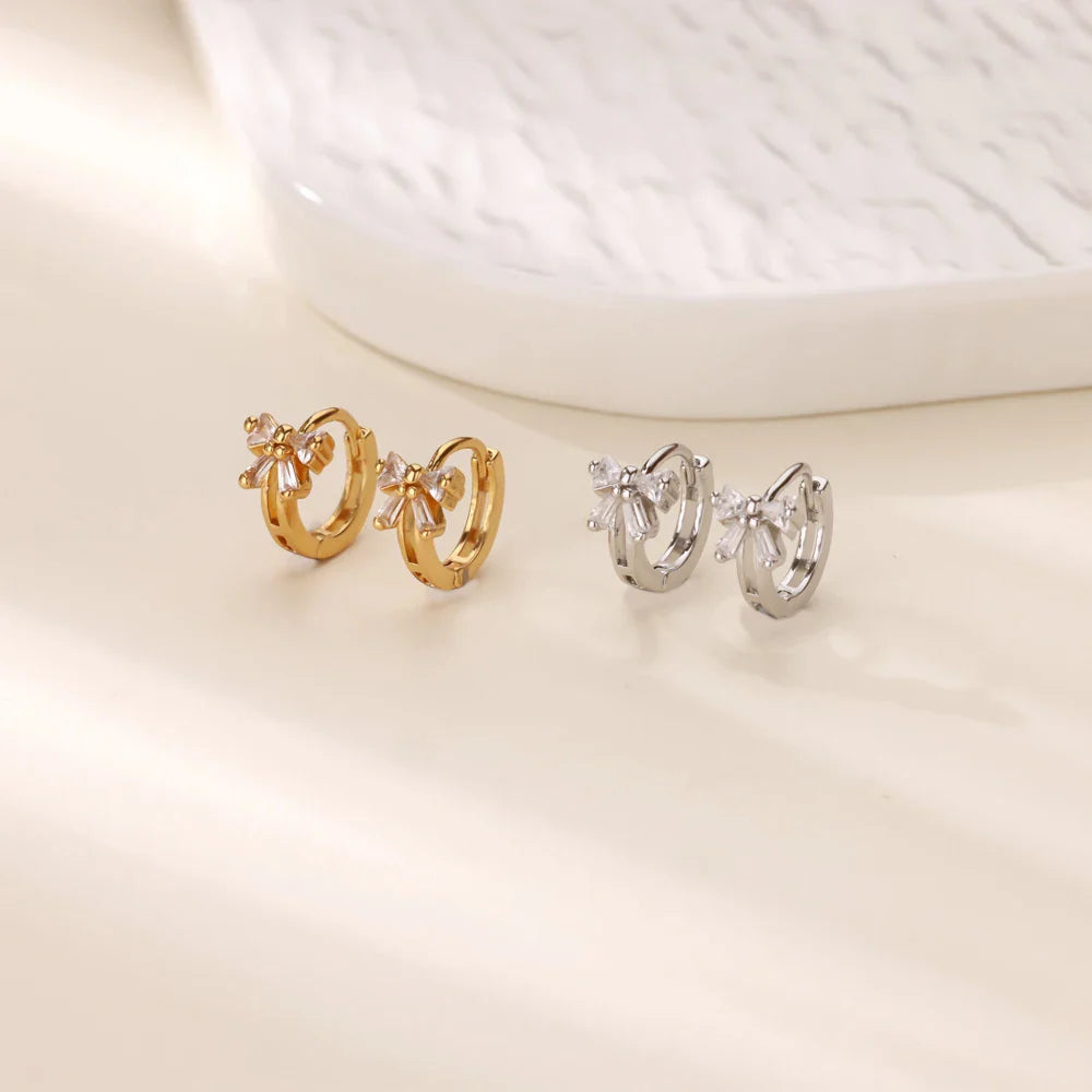 Elegant Zircon Bow Earrings For Women Stainless Steel Gold Color Bowknot Earrings Luxury Wedding Waterproof Jewelry Gift