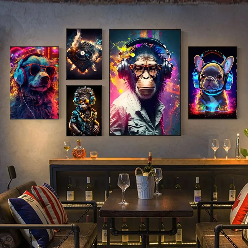 Animal Monkey Cat Dog Headphone Dj Music Poster Canvas P Poster HD Posters Home Room Bar Cafe Decor Art Wall Painting Picture